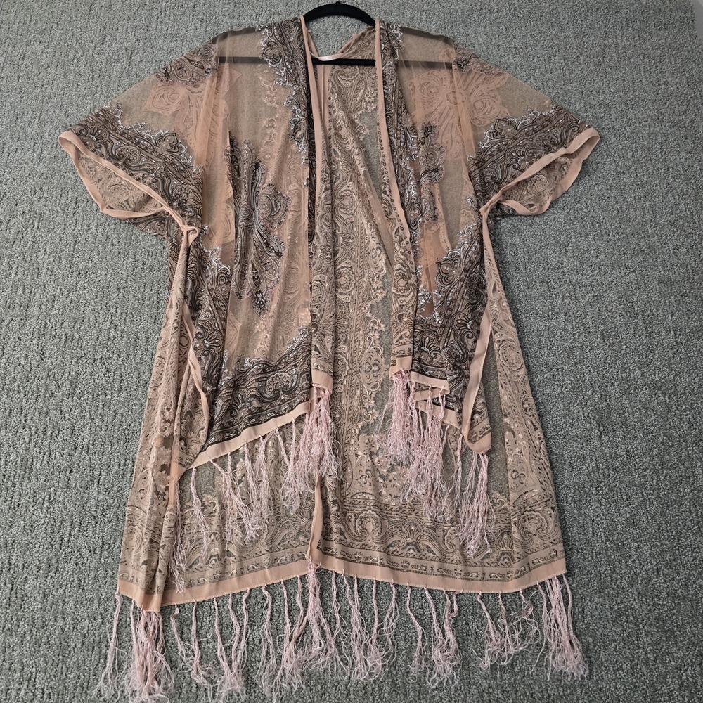 Pretty Persuasions Paisley Kimono Duster Sheer Fringe Boho Festival One Size